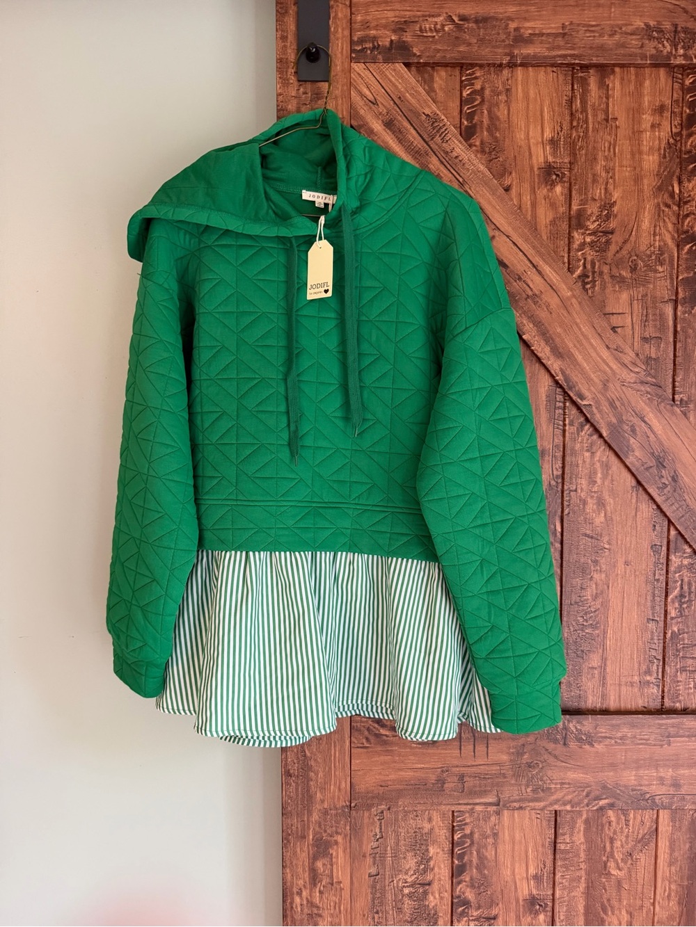 JODIFL Green Quilted Hoodie with Peplum Striped Hem